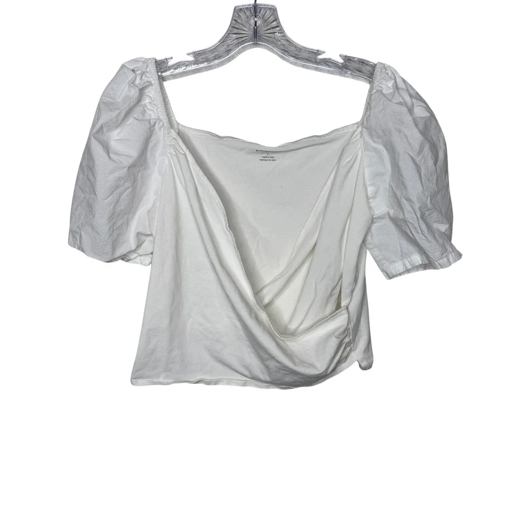 by Anthropologie White Puff Sleeve Surplice Wrap Top Square Neck L Boho Milkmaid